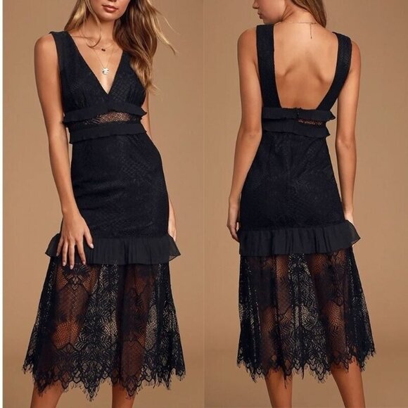 Lulus Dresses & Skirts - Lulus Sweet Feelings Black Lace Sleeveless Tiered Cocktail Midi Dress Size XL